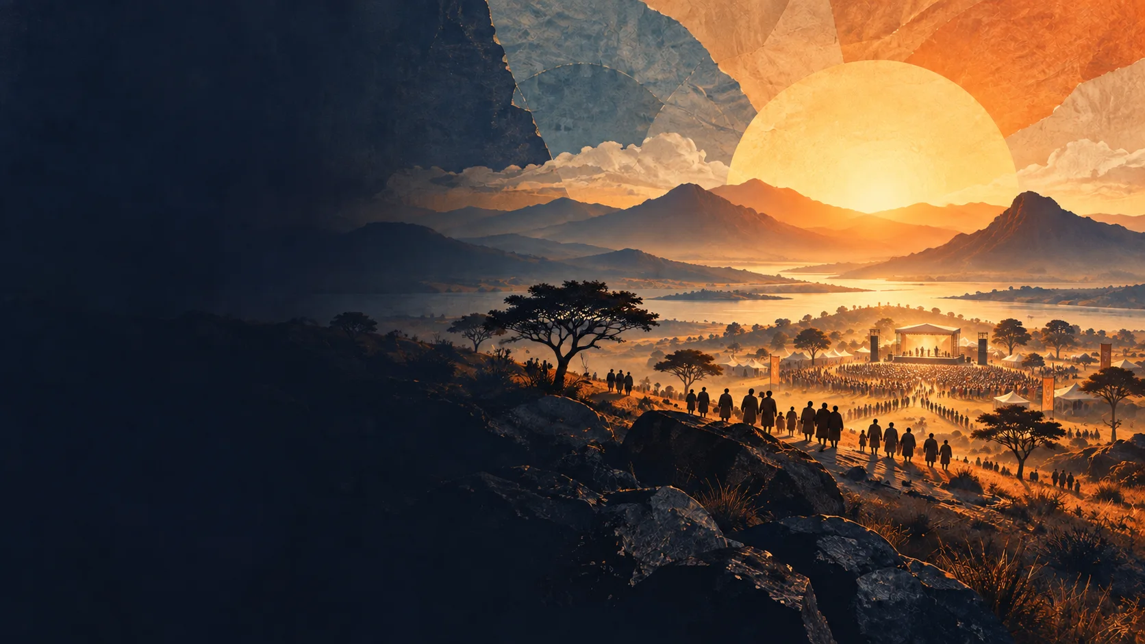 An artistic sunrise across an East African landscape, with people walking toward an outdoor gospel gathering